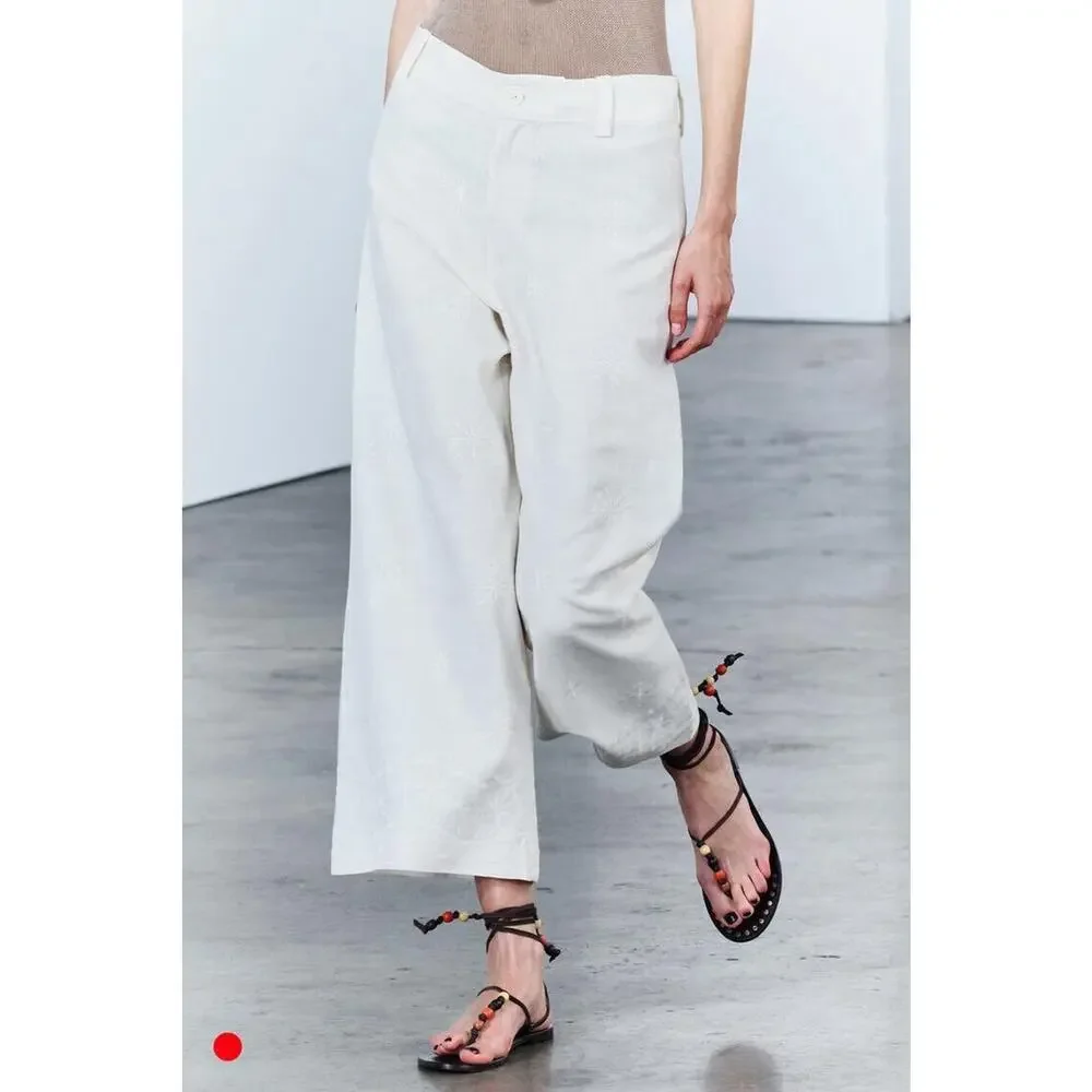 ZARA COLLECTION EMBROIDERED WIDE-LEG TROUSERS IN WHITE SZ M Beach Boho Coquette